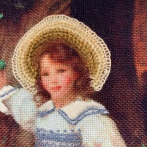 Vintage Embroidered" English Girl with Delphinium"; Children's Room Decor; Small Watercolor; Mixed Media Art